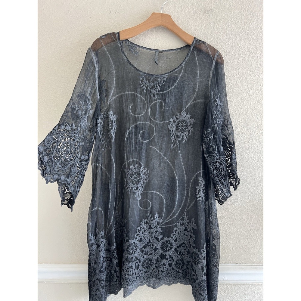Charcoal Grey Sheer Embroidered Tunic Top Women's S Lace Lagenlook Sheer Boho